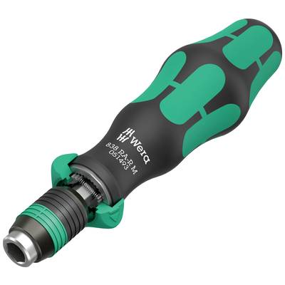 Odvijač marke Wera, model 813 R, s ručkom zeleno-crne boje i mehanizmom sličnim momentnom ključu.