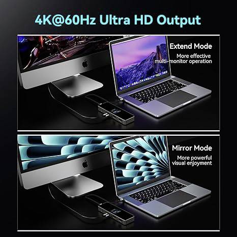 Slika prikazuje dva načina prikaza za monitore: 'Prošireni način' za prošireni rad i 'Zrcalni način' za identični prikaz. Oba načina podržavaju 4K@60Hz Ultra HD izlaz.