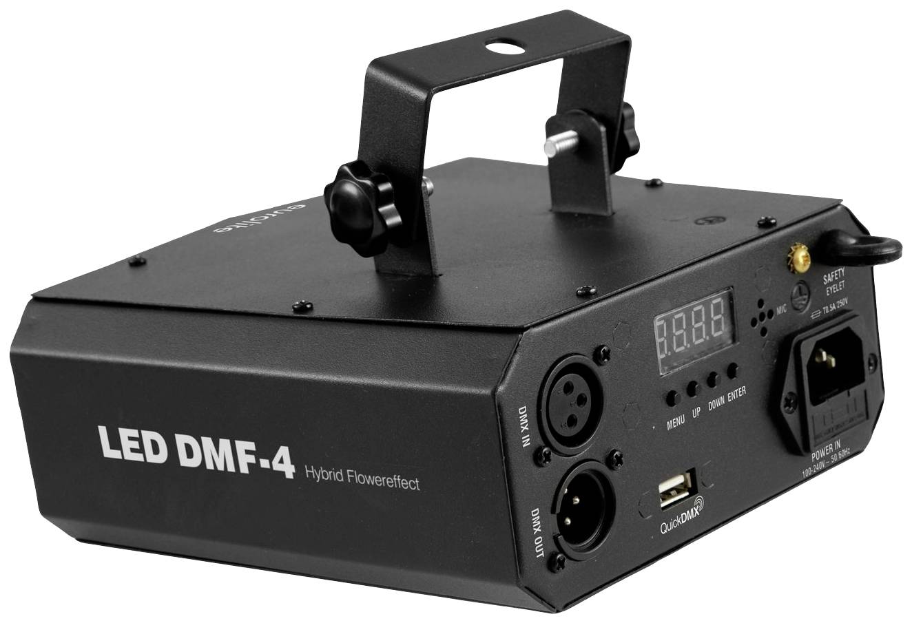 Crni LED uređaj za svjetlosne efekte s digitalnim zaslonom, priključcima za DMX kabel i napajanje. Natpis: 'LED DMF-4 Hybrid Flower Effect'.