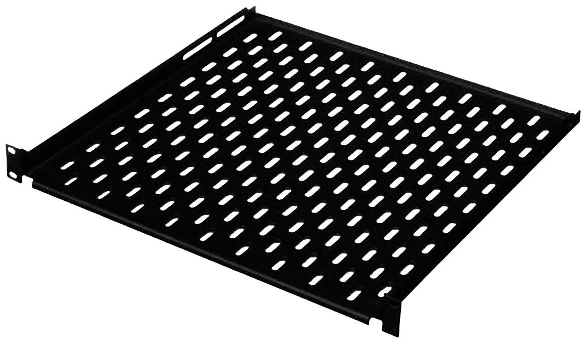 Crna, prozračna metalna polica za ugradnju u poslužiteljski ormar.