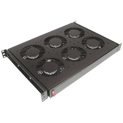 Šest crnih ventilatora učvršćenih na pravokutnoj ploči sa bočnim držačima.