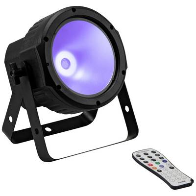 Crni LED reflektor s plavičastom svjetlošću, pored kojeg leži daljinski upravljač sa šarenim tipkama.