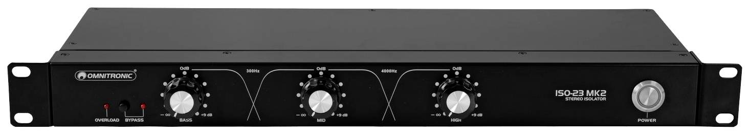 Crni rack-mikser s tri centralne upravljačke gumbe i prekidačem za napajanje s desne strane, pogodan za audio uređaje.