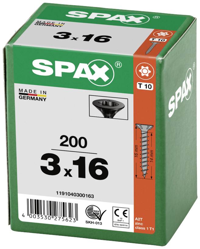 Zelena SPAX kutija vijaka sa 200 vijaka, veličine 3x16 mm. Naljepnica pokazuje 'Made in Germany'. Sadrži PZ-križni bit T10 simbol.