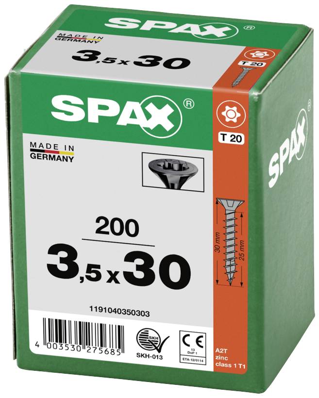 Kutija sa 200 Spax vijaka, 3,5x30 mm, T20 pogon, Izrađeno u Njemačkoj. Dizajn pakiranja prikazuje dimenzije vijaka i logo.