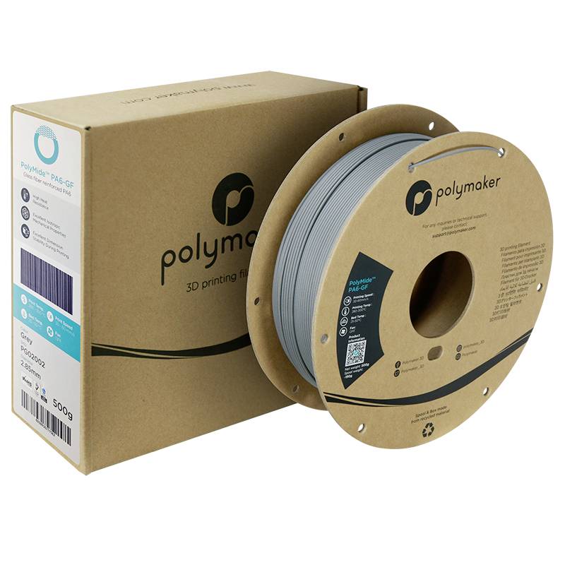 Polymaker 3D-tiskaći filament, 500g namot, PA6-GF materijal, siva boja, na kartonskoj ambalaži s logotipom.