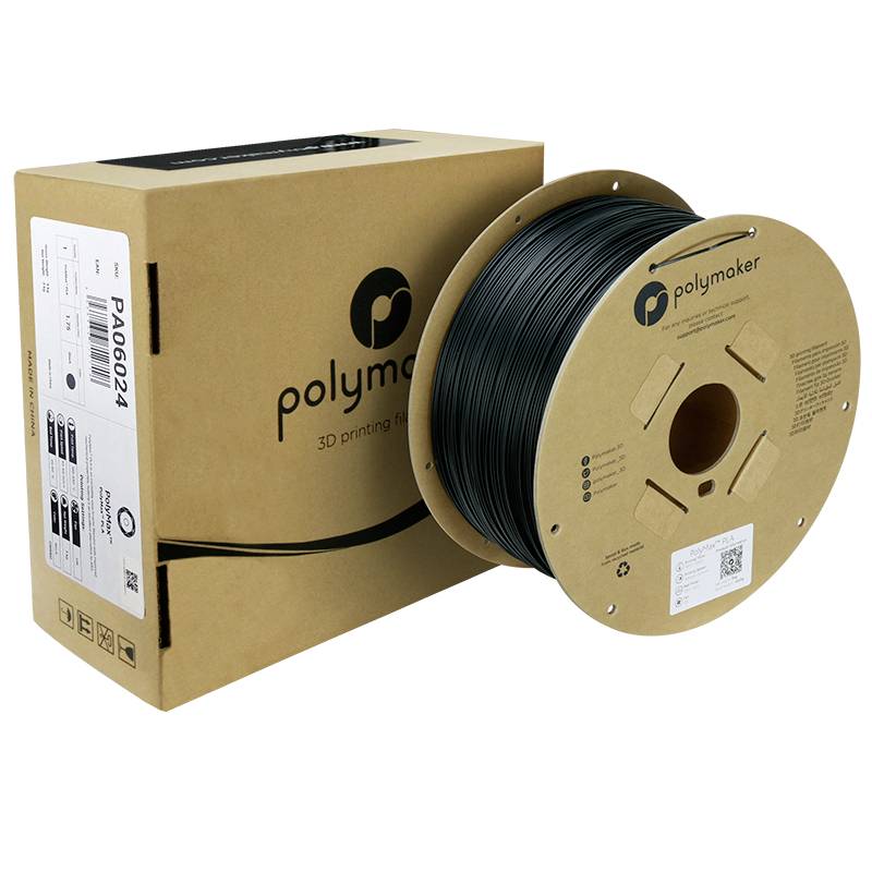 Ova slika prikazuje kalem s crnim 3D-pisačkim filamentom i odgovarajuću ambalažu marke 'Polymaker'.