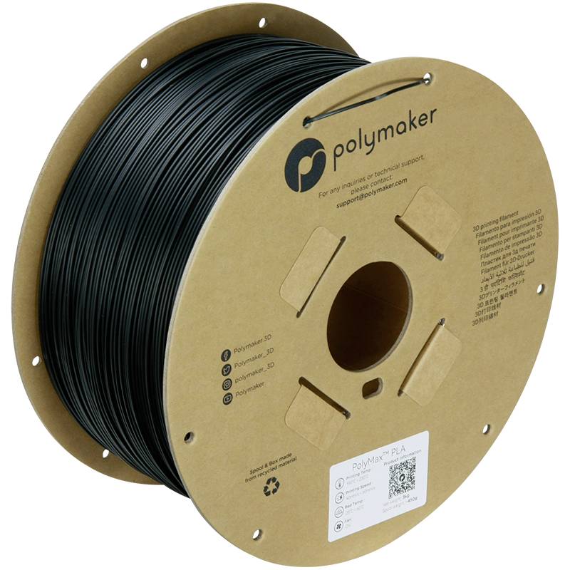 Crna role Polymaker PLA-filamenta za 3D printer. Pakiranja je izrađeno od reciklabilnog kartona.