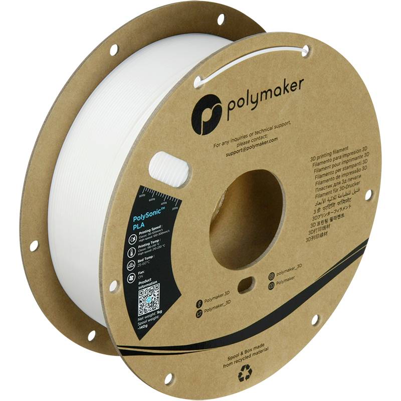 Kotur bijelog 3D pisača filamenta marke Polymaker, specifično PolySonic PLA.