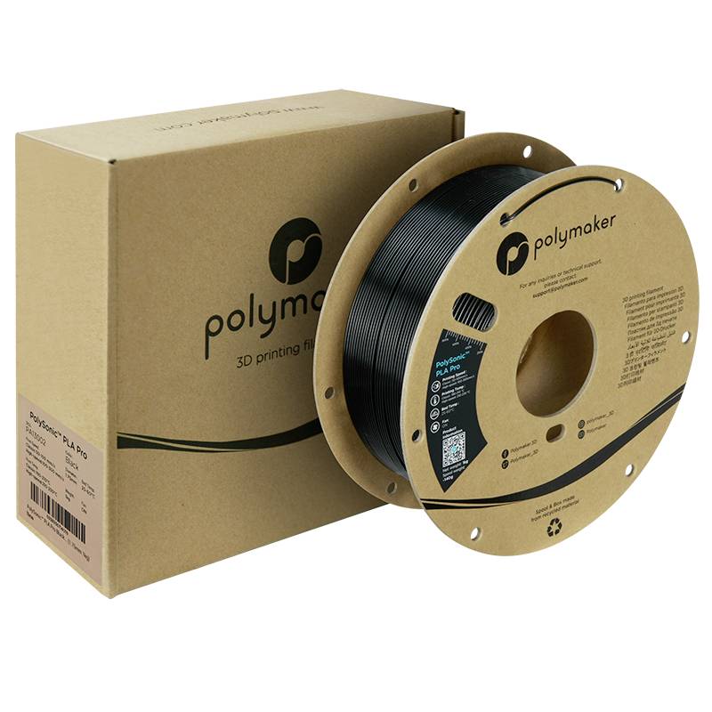 Rolnica crnog 3D pisača filamenta tvrtke Polymaker pored odgovarajuće ambalaže.