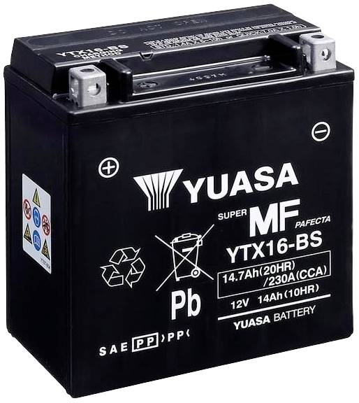 'Crna auto baterija Yuasa, model YTX16-BS, kapacitet 14,7 Ah, 12 V.'