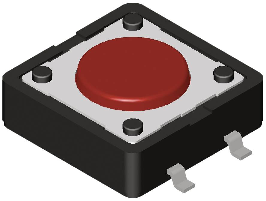 Crveni, kvadratni prekidač pritiskačem s srebrnim rubom i dva kontaktna pina na donjoj strani, pogodan za elektroničke uređaje.