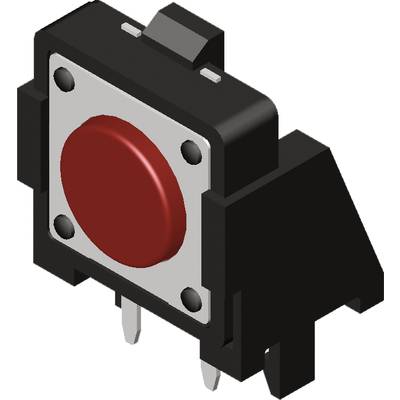 Crveni pritisni gumb s crnim kućištem, korišten za elektroničke sklopove, s dva vidljiva priključna pina.