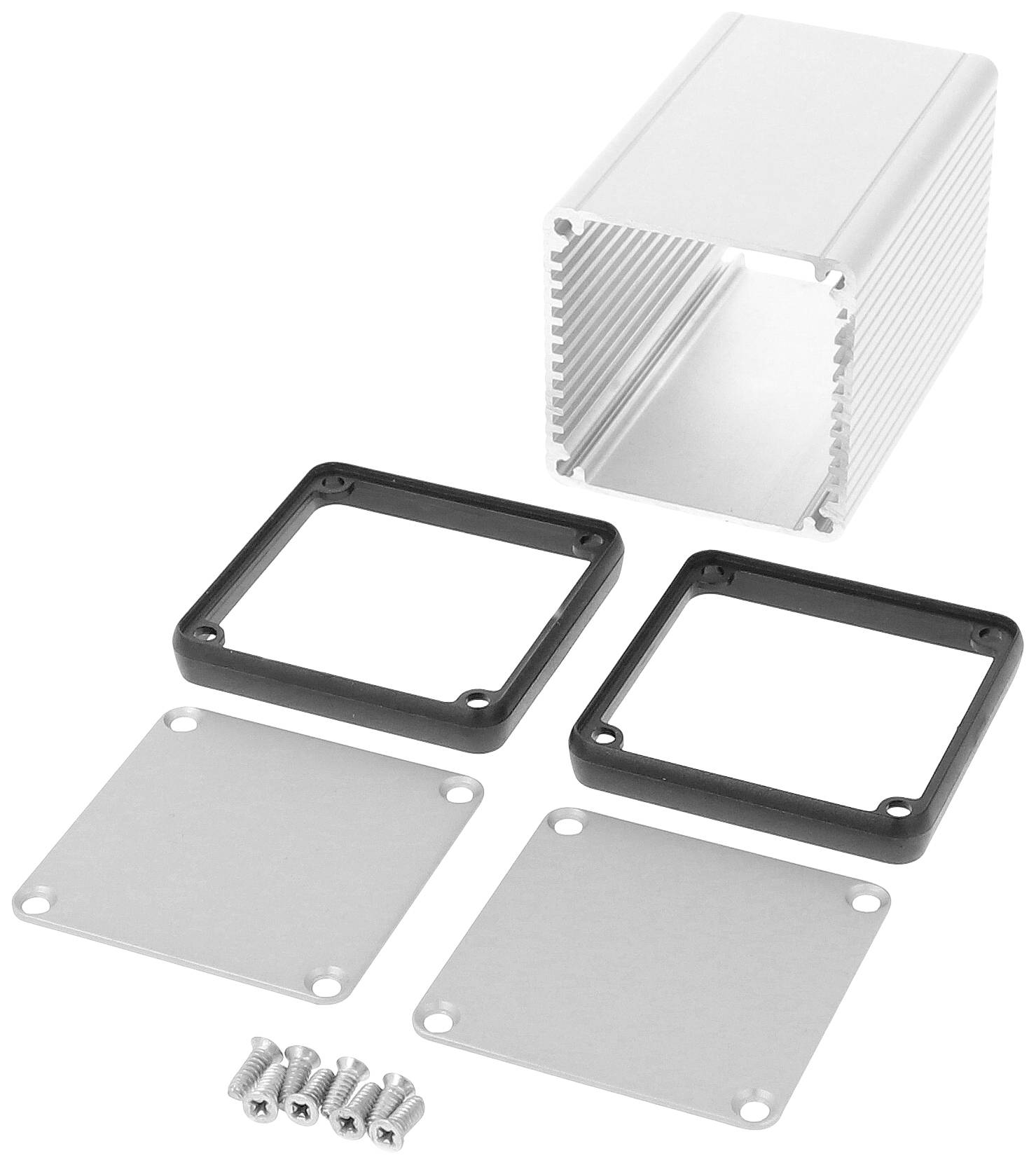 Aluminijski kućišt s uklonjivim bočnim pločama i vijcima. Pogodan za elektroničke projekte ili DIY sklopove.