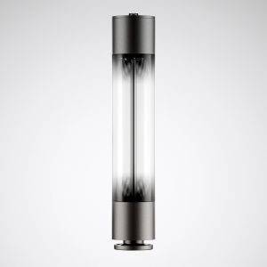 Dugačka, cilindarska lampa sa srebrnim krajnjim čepovima i prozirnim srednjim dijelom, postavljena ispred sive pozadine.