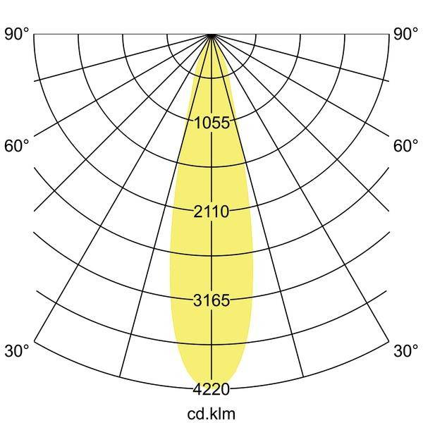 Krivulja raspodjele svjetla prikazuje elipsastu raspodjelu svjetla s vršnim vrijednostima od 4220 cd/km u sredini i kutnim oznakama.