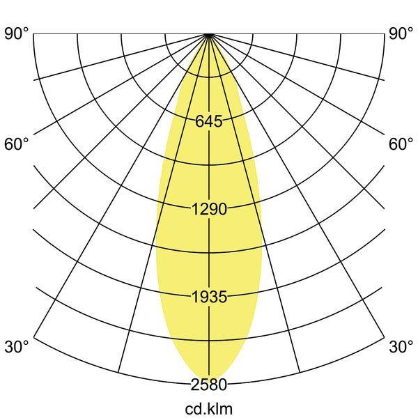 Polarni dijagram svjetlosnog izvora. Distribucija svjetlosti doseže maksimalno 2580 cd.km. Kutne oznake od 0° do 90°.