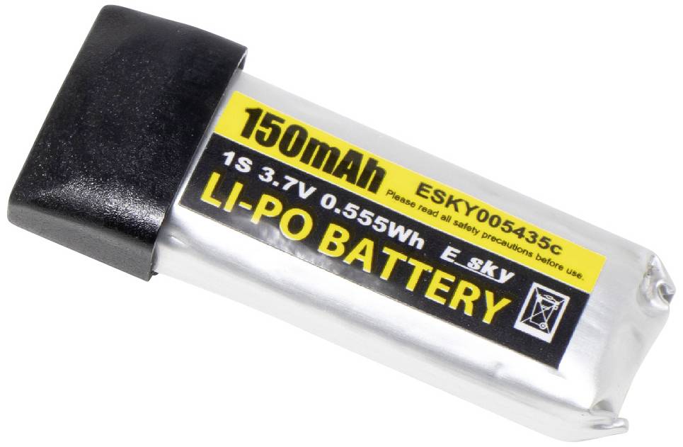 Mala pravokutna litij-polimerska baterija kapaciteta 150 mAh. Naljepnica prikazuje sigurnosne upozorenja i tehničke specifikacije.