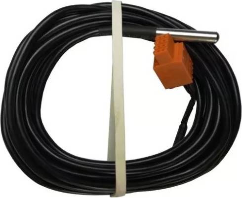 Savijeni crni kabel s narančastim utikačem i srebrnim senzorom na jednom kraju, povezan čičak trakom.