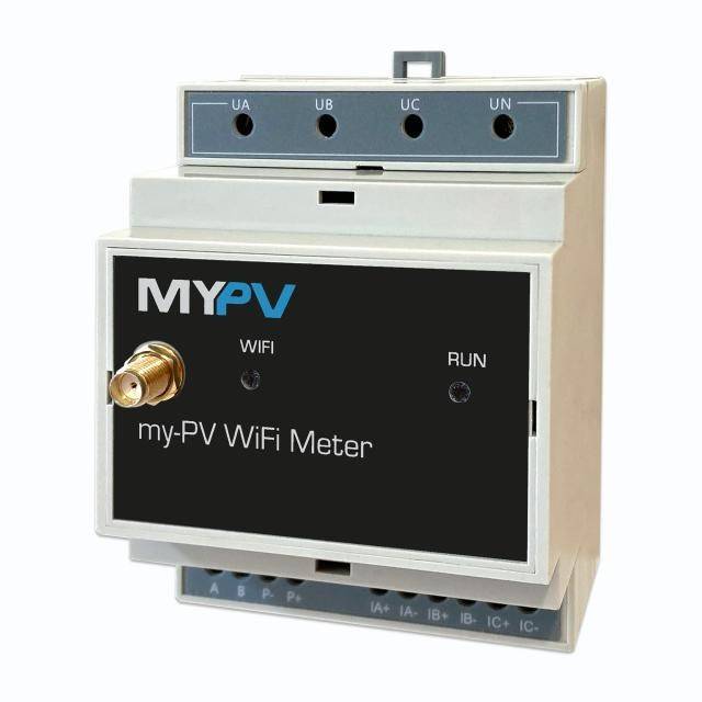 'My-PV WiFi Metar', uređaj za mjerenje energije, prikazuje priključke na vrhu i zaslon s LED indikatorima 'WIFI' i 'RUN' sprijeda.