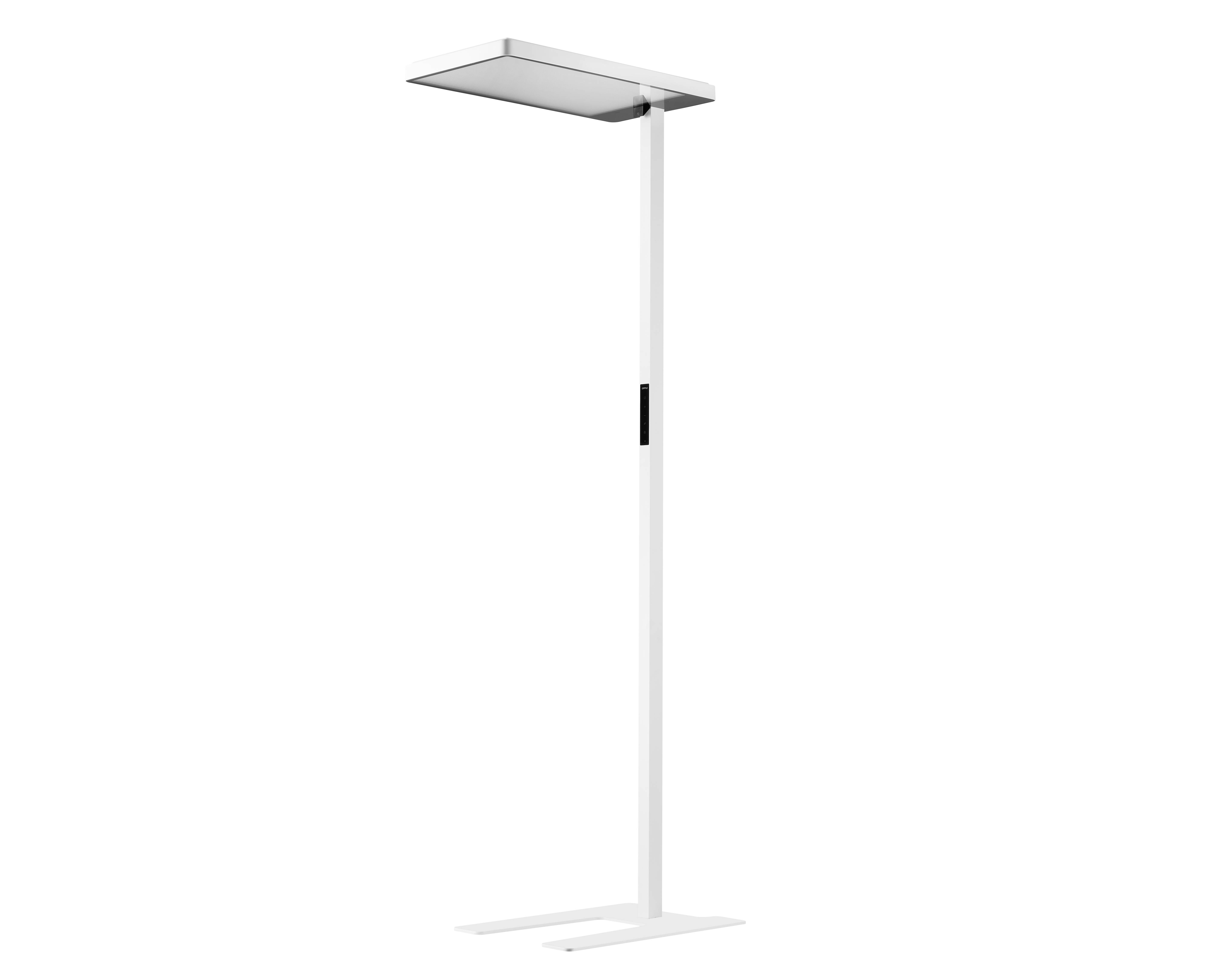Moderna, bijela stolna lampa s pravokutnim sjenilom i vitkim, minimalističkim dizajnom pred crnom pozadinom.
