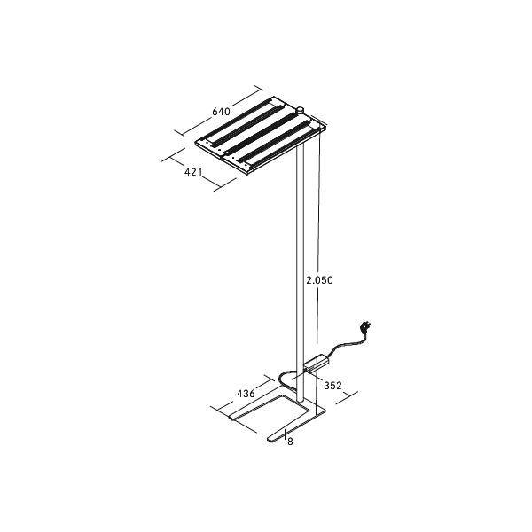 Tehnički nacrt stojeće lampe s dimenzijama: visina 2050 mm, širina 436 mm, dubina 352 mm; s priključnim kabelom.