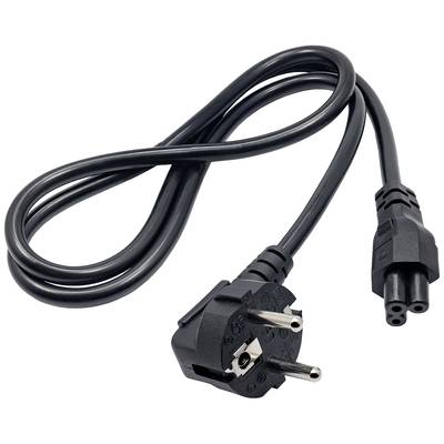 Crni mrežni kabel sa Schuko utikačem i tropolnim C5 priključkom, često korišten za prijenosna računala i slične uređaje.