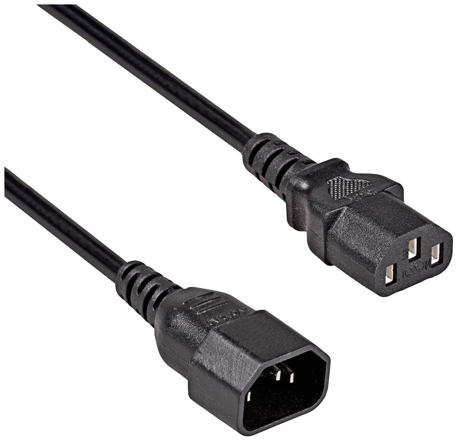 Crni mrežni kabel s muškim i ženskim utikačem, tipa C13 i C14, koristi se za napajanje uređaja strujom.