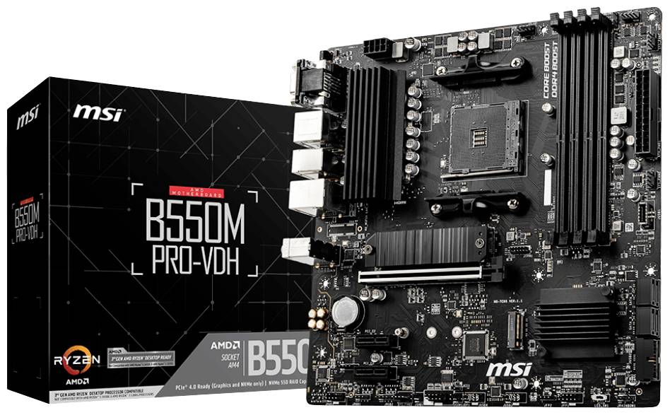 Glavna slika prikazuje matičnu ploču MSI B550M PRO-VDH. S lijeve strane slike nalazi se odgovarajuća ambalaža s informacijama o proizvodu.