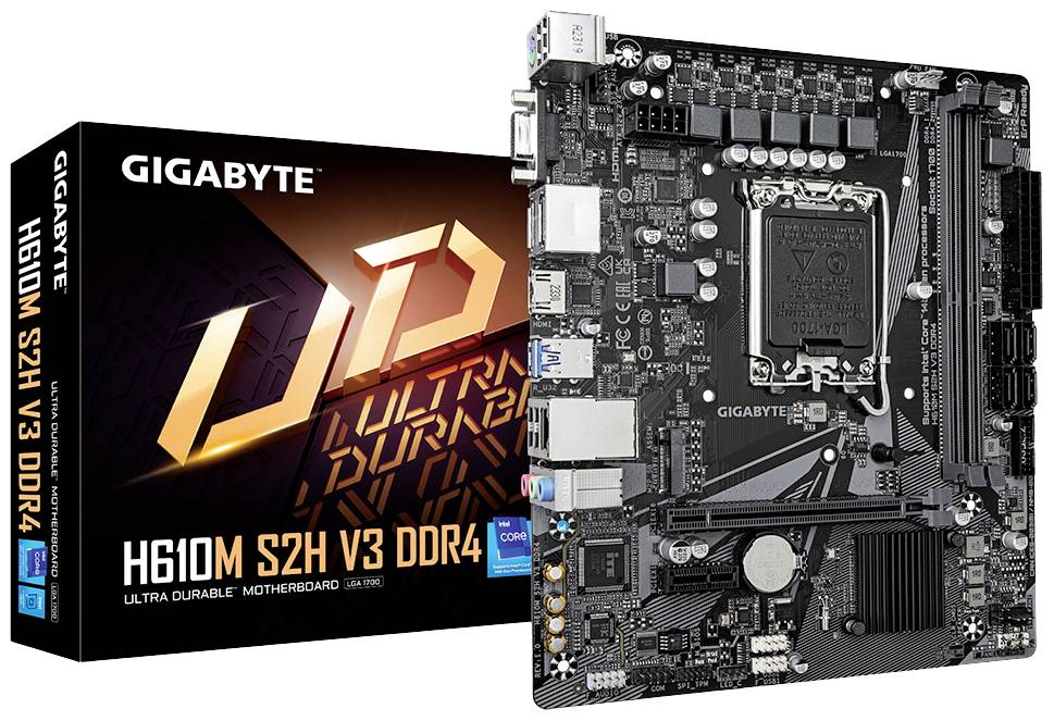 Matična ploča Gigabyte H610M S2H V3 DDR4, serija Ultra Durable. Sadrži priključke i utore za CPU, RAM, PCIe. Pogodna za PC-e.