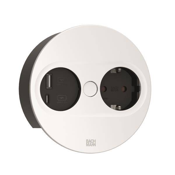Okrugla utičnica s dva USB priključka i jednom Schuko utičnicom; idealna za moderne stambene ili uredske prostore.
