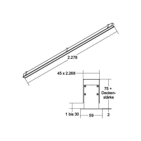 Tehnički crtež nosača stropa s dimenzijama: Duljina 2.278 mm, širina 45 x 2.268 mm, razmak između vijaka 59 mm.