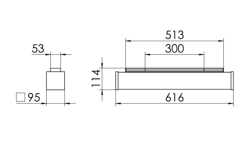 Tehnički nacrt pravokutnog objekta sa dimenzijama: visina 114 mm, širina 616 mm, dubina 95 mm. Oznake na 513 mm i 300 mm.