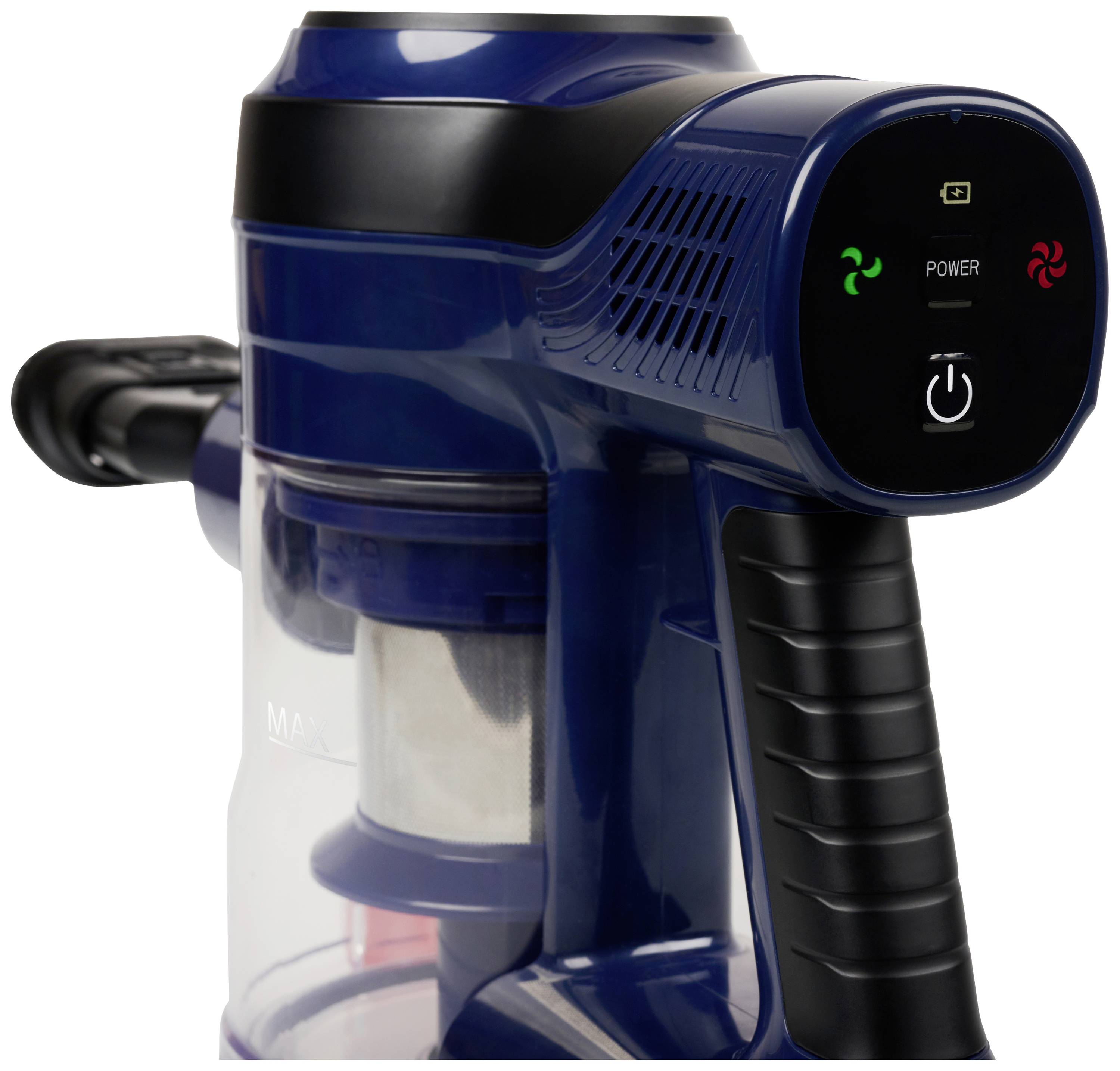 Plavi bežični usisavač u bliskom kadru, prikazuje upravljačke elemente za snagu i filter na vrhu ručke.