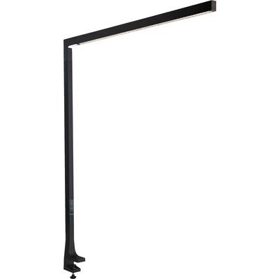 Moderna podna lampa tankog, crnog dizajna s pravokutnom glavom koja emitira svjetlo prema dolje.