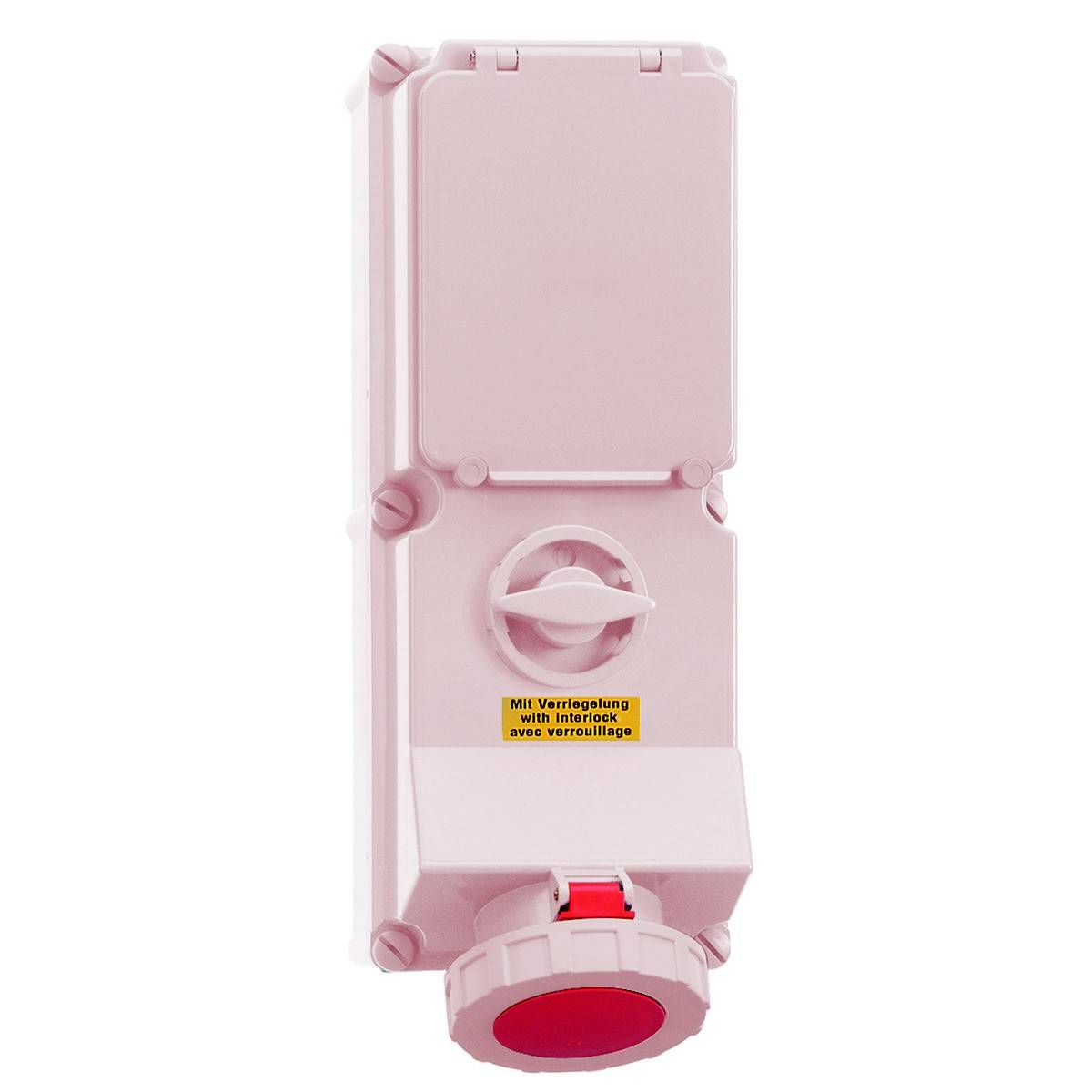 Električna utičnica s crvenim okretnim prekidačem i žutom sigurnosnom naljepnicom s natpisom "S prednapajanjem" na njemačkom, engleskom i francuskom jeziku.
