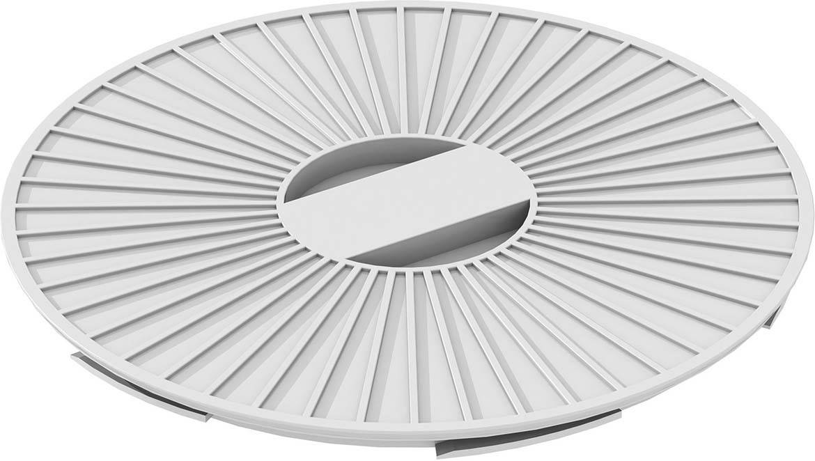 Sivi, okrugli poklopac ventilacijske rešetke s radijalnim rebrima i centralnim ovalnim otvorom.
