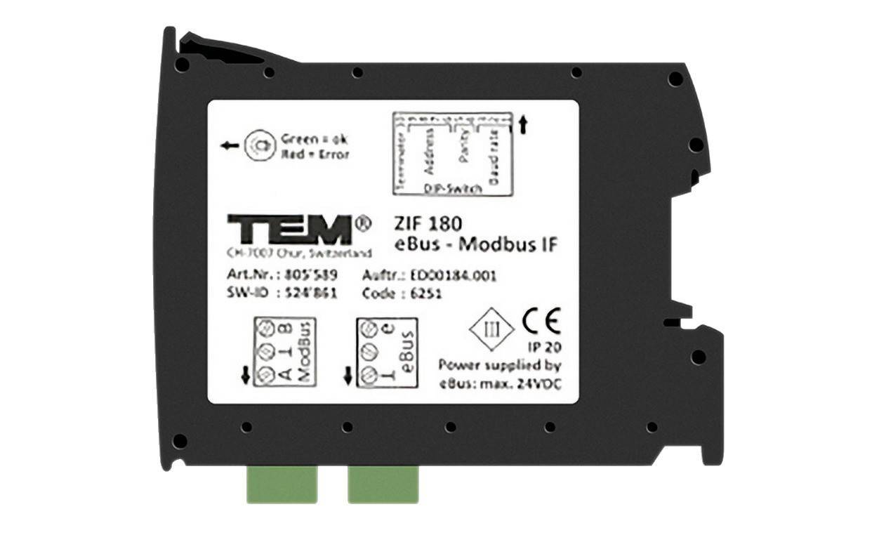 Elektronički modul 'ZIF 180 eBus-Modbus IF' tvrtke TEM s dijagramom priključaka i indikatorom statusa za 'Zeleno = OK' i 'Crveno = Greška'.