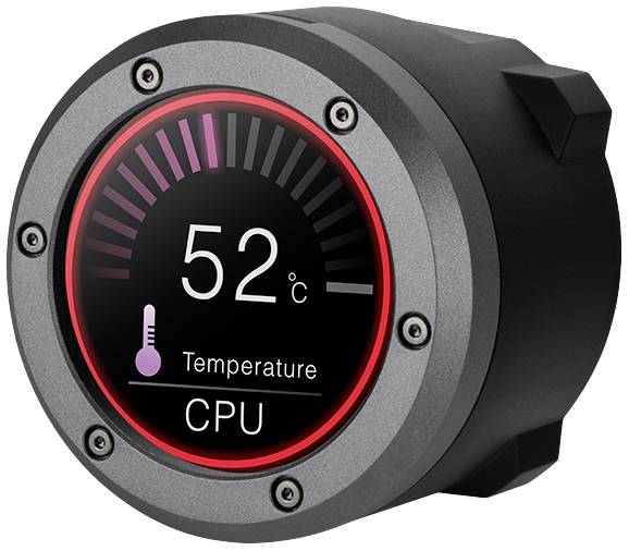 Okrugli digitalni zaslon prikazuje '52°C Temperatura CPU' s simbolom termometra u sredini, okružen crvenim svjetlima.