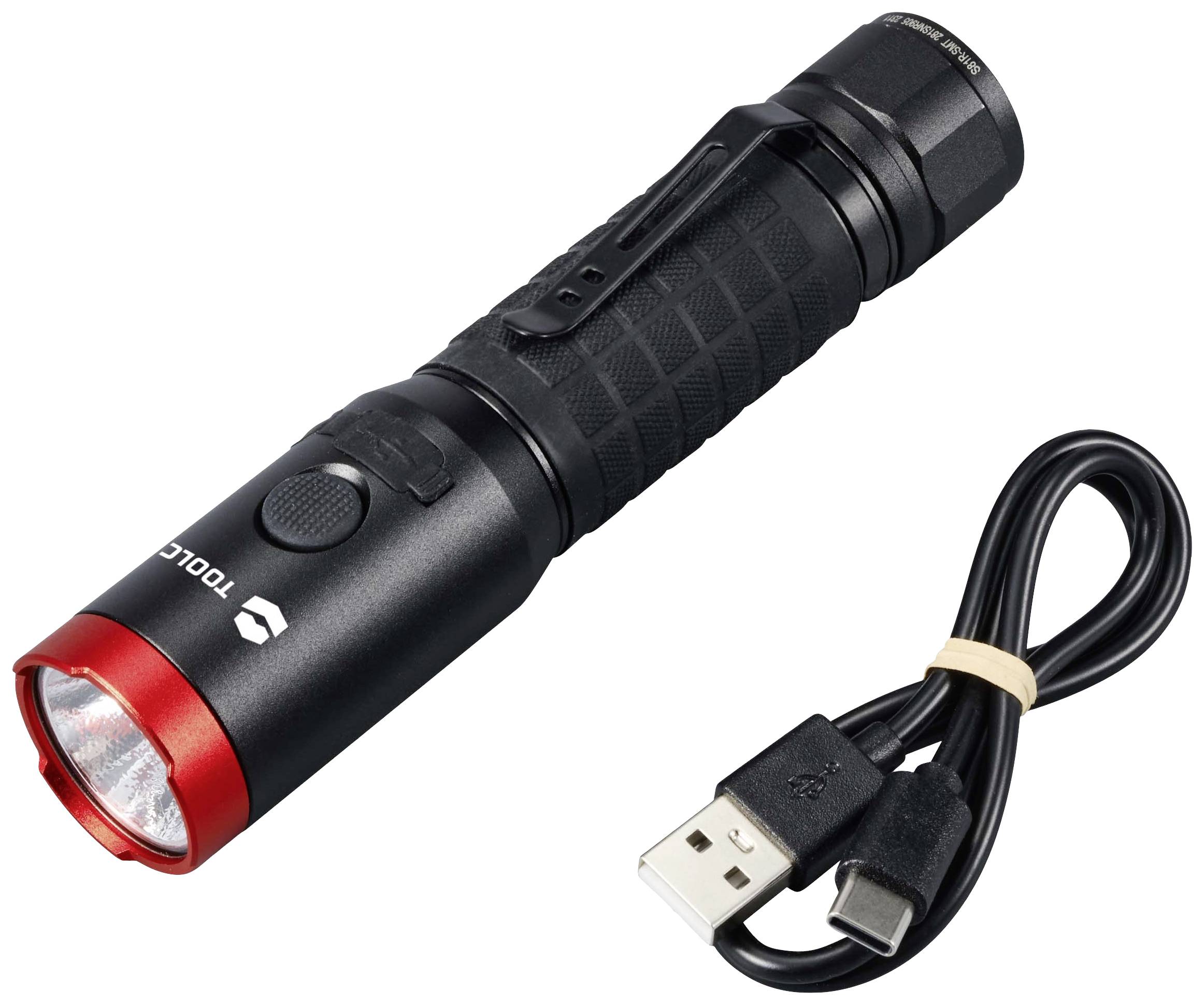 Crna baterijska lampa s crvenim rubom i USB-C punjačem. Energetski učinkovita i kompaktna, savršena za outdoor aktivnosti.