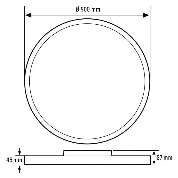 Okrugli ogledalo promjera 900 mm, debljine 45 mm, postavljeno na postolju od 87 mm.