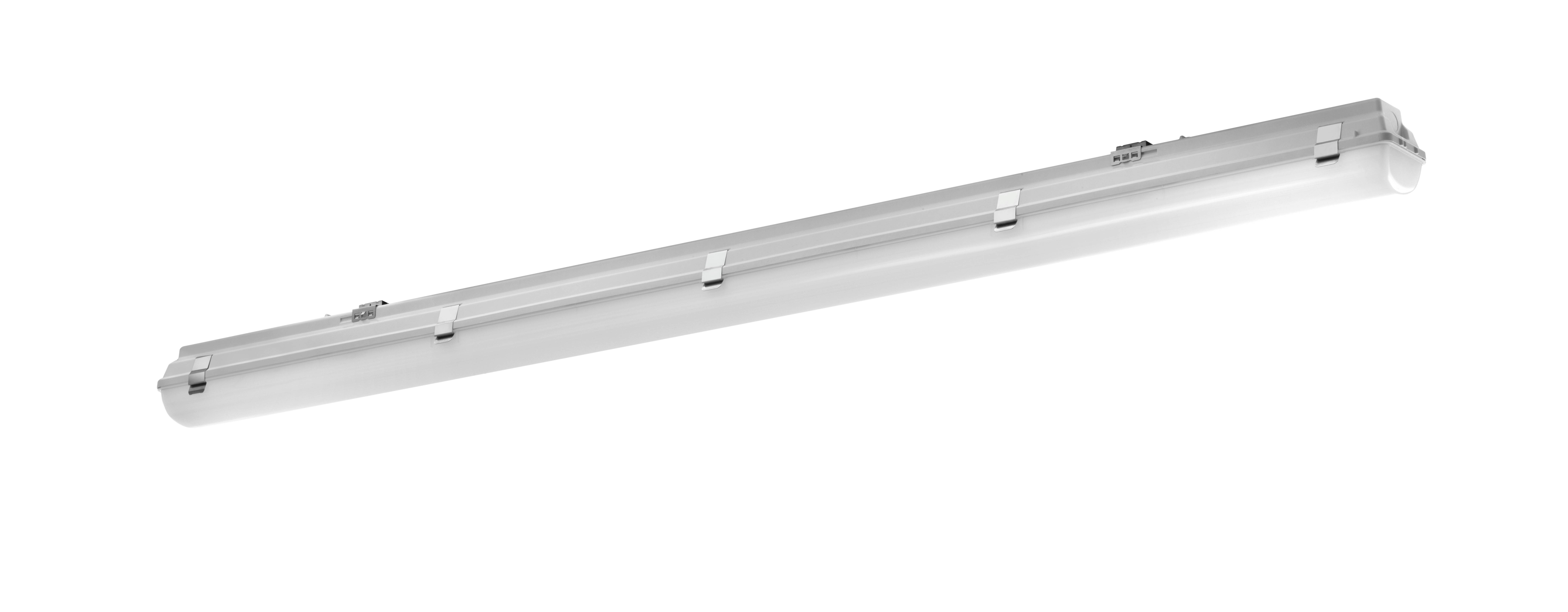 LED-lampa u izduženom kućištu, podesna za montažu na strop, pruža ravnomjerno osvjetljenje za unutarnje prostore.