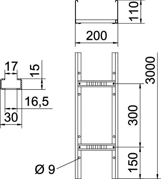 Tehnički nacrt metalne ljestve. Ljestve su visoke 3000 mm i široke 200 mm, s prečkama na razmaku od 300 mm.