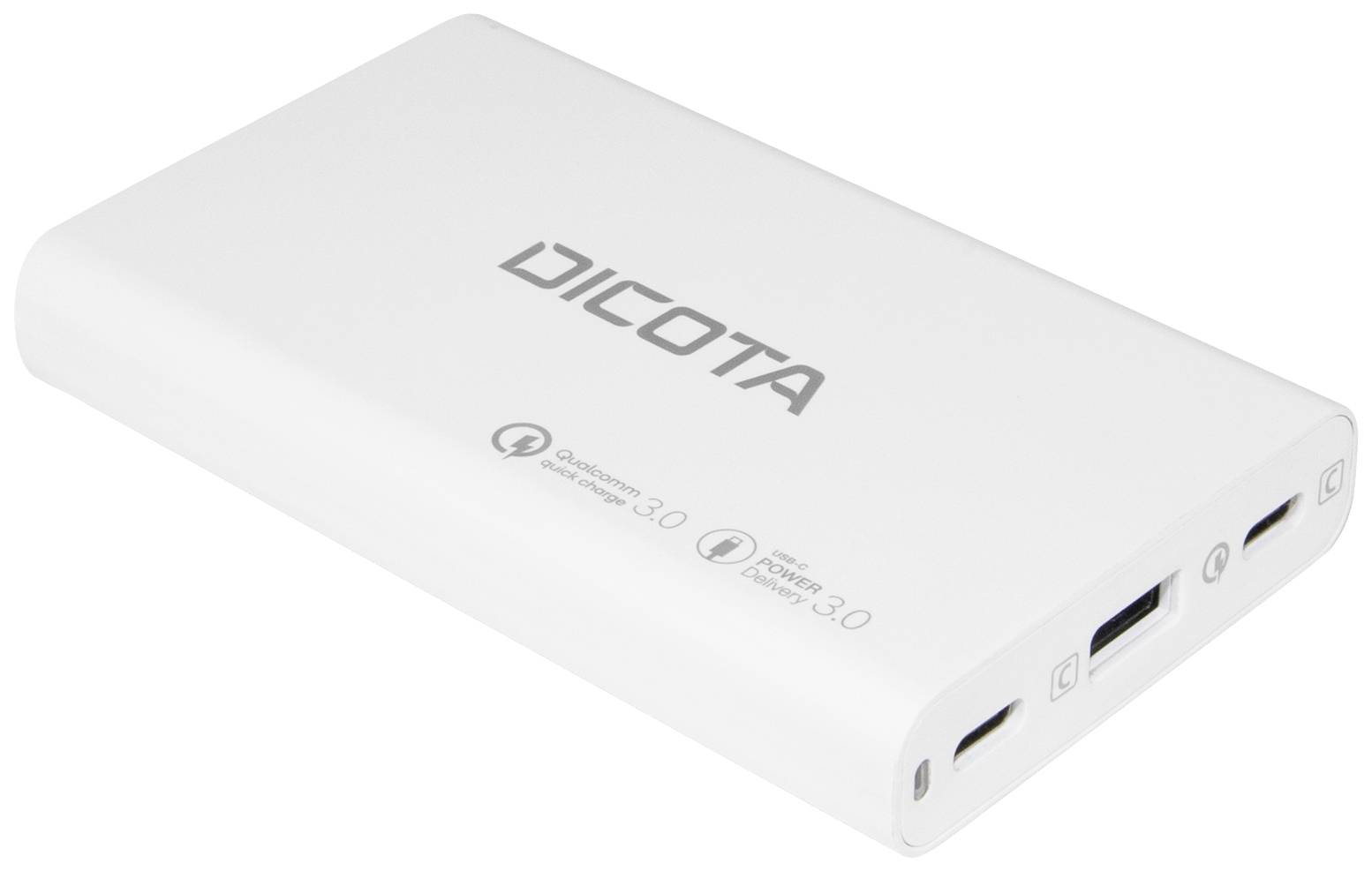 Bijeli prijenosni punjač s natpisom 'DICOTA', dva USB izlaza, USB-C ulaz i funkcije brzog punjenja.