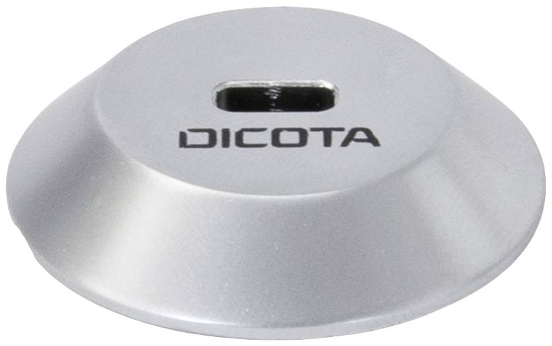 Okrugla, srebrna USB brava s kvadratnim otvorom i natpisom 'DICOTA'.