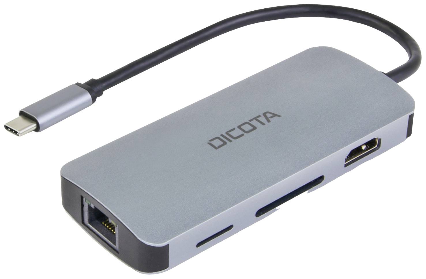 USB-C hub Dicota s višestrukim priključcima: HDMI, Ethernet, USB i čitač SD kartica. Idealan za raznovrsne mogućnosti povezivanja.
