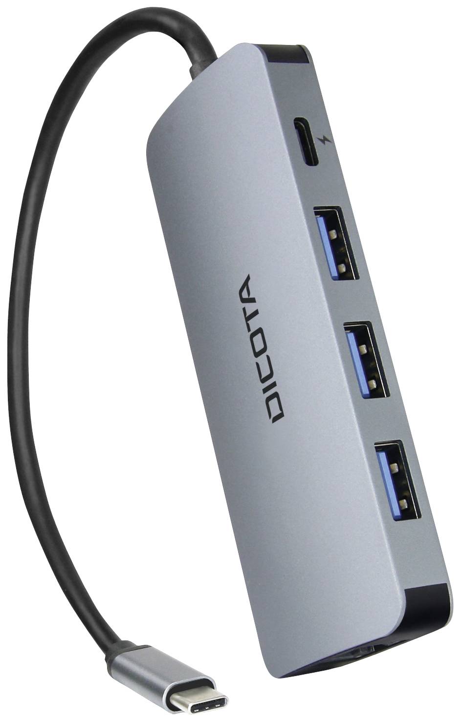 USB-C hub s tri USB-A priključka i jednim USB-C priključkom. Uređaj je srebrne boje i nosi logo 'Dicota'.