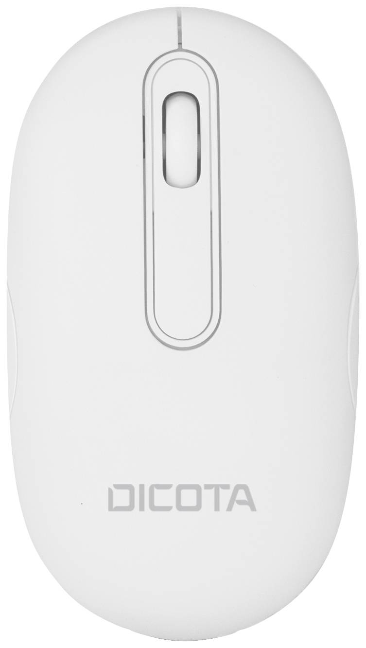Bijeli računalni miš s logotipom marke "DICOTA" na prednjoj strani.