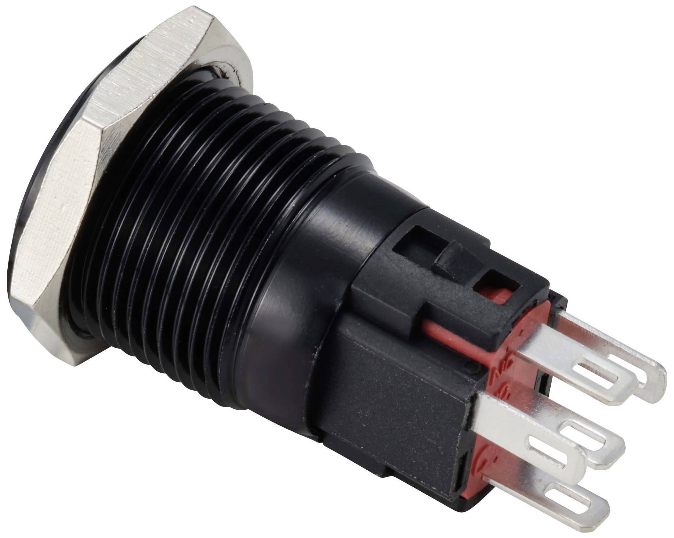 Crni električni tipkasti prekidač s crvenom bazom i metalnim navojem, pogodan za elektroničke uređaje.