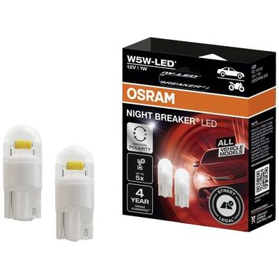 Dvije LED žarulje pokraj Osram pakiranja s natpisom 'Night Breaker'. Pogodne za sve modele vozila, 12V/1W.